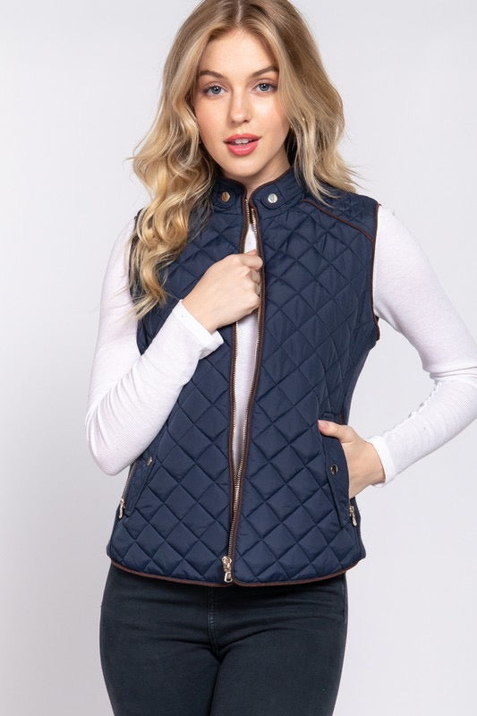 Suede Piping Detail Rib Quilted Padding Vest