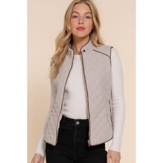 Suede Piping Detail Rib Quilted Padding Vest